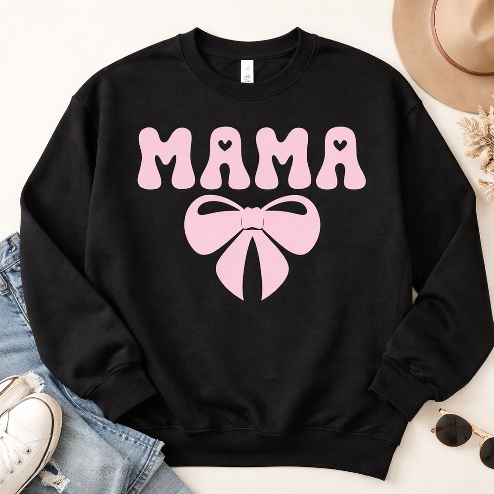 “MAMA” Pink Bow Crewneck Sweatshirt | Black | Trendy Cozy Graphic Pullover